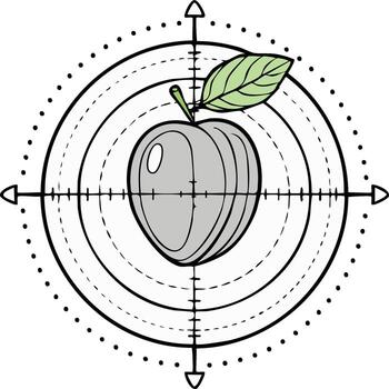 Stylized apple with a green leaf centered in a target scope crosshair illustration vector