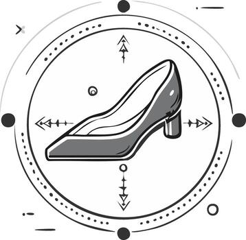 Elegant high heel shoe centered within a circular frame with celestial and directional symbols vector
