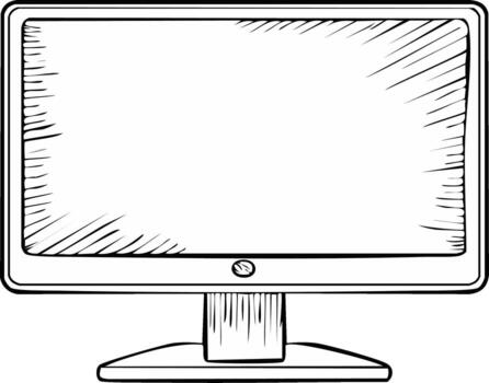 mano dibujado computadora monitor ilustración con un blanco pantalla. línea Arte bosquejo de un escritorio monitor vector