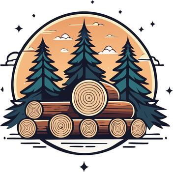 Forest logging scene with stacked logs and pine trees under a sunset sky vector