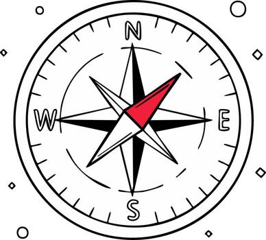 Simple line art drawing of a classic compass with a red arrow pointing north for navigation and travel vector