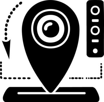 Map pin with camera lens and dotted tracking lines representing location monitoring and data flow vector