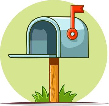 Cartoon style mailbox on a post with grass and a flag indicating mail delivery in bright, friendly colors vector