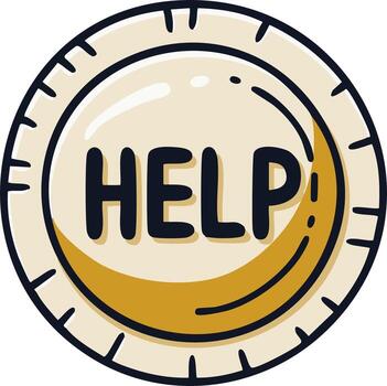 Shiny golden coin token with Help text hand drawn doodle icon for support and assistance concepts vector