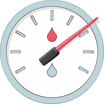 Circular gauge indicator with red needle pointing to a critical high level droplet symbol vector