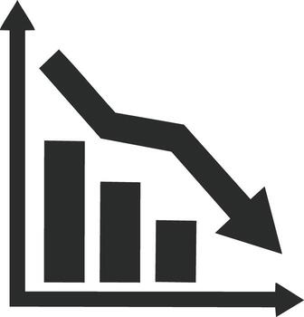 Business bar chart showing decreasing values and a prominent downward arrow indicating decline or loss vector