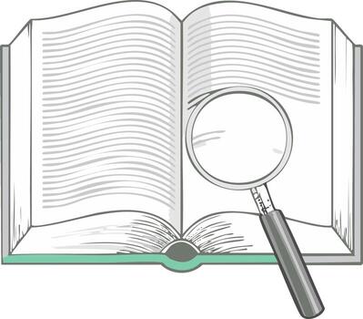 Illustration of an open book with a magnifying glass for research, study, and analysis vector