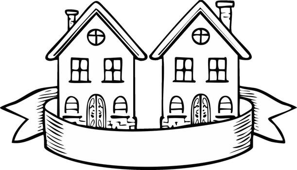 Black and white line art of two identical charming houses with an empty customizable scroll banner vector