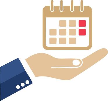 Stylized business hand holding a calendar icon with red marked dates representing important events and scheduling vector