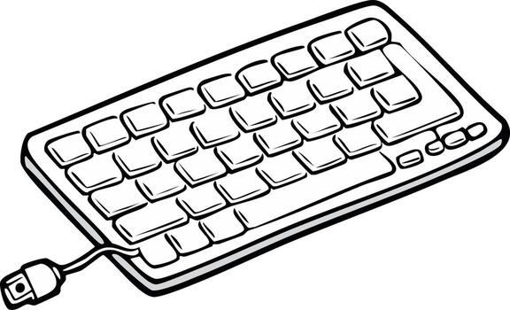 Black and white illustration of a computer keyboard with cord and plug vector