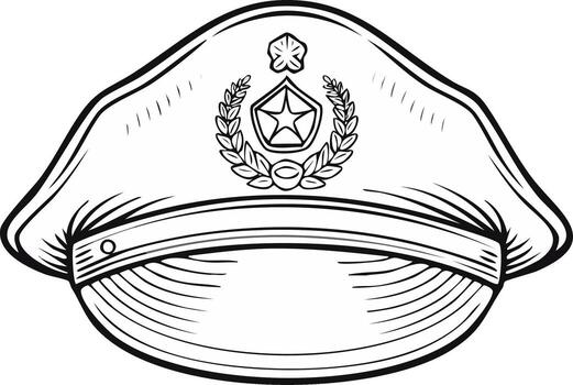 Stylized Line Art of a Military Style Hat with Emblem and Laurel Wreath vector
