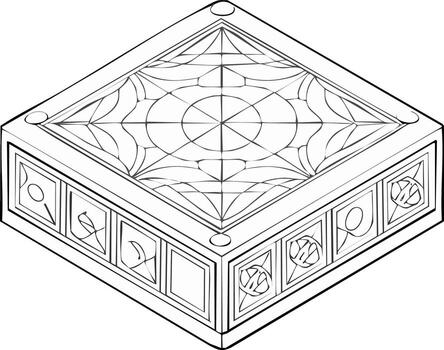 Abstract Ornate Geometric Box with Intricate Patterns and Symbols Black and White Line Art vector