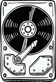 Doodle Style Hard Drive with Circular Disk and Access Arm for Data Storage vector