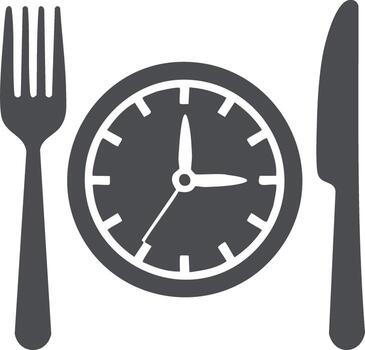 Meal time icon with clock as a plate between a fork and knife for diet and fasting concepts vector