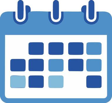 Blue calendar page icon with grid of dates and looping header tabs vector