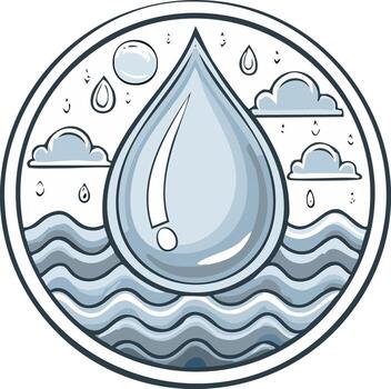 Stylized depiction of a giant water drop amidst rain clouds and ocean waves within a circular frame symbolizing the water cycle vector