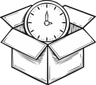 Hand drawn sketch illustration of a clock inside an open cardboard delivery box concept art vector