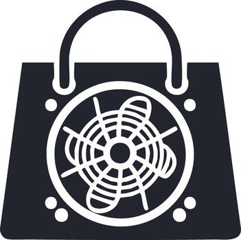 Minimalist icon of a shopping bag with a computer cooling fan for electronics retail and tech e-commerce vector