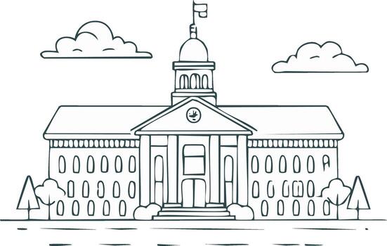 Grand Public Building with Dome and Columns Under a Cloudy Sky Simple Line Drawing vector