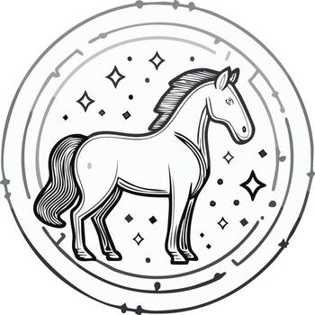 estilizado ilustración de un caballo en pie dentro un circular marco adornado con estrellas y puntos, presentado en un gráfico, ilustrativo estilo vector