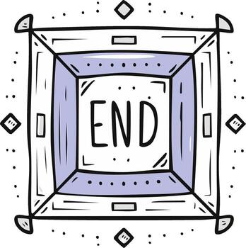 Hand drawn graphic of the word END in a perspective box with decorative elements vector