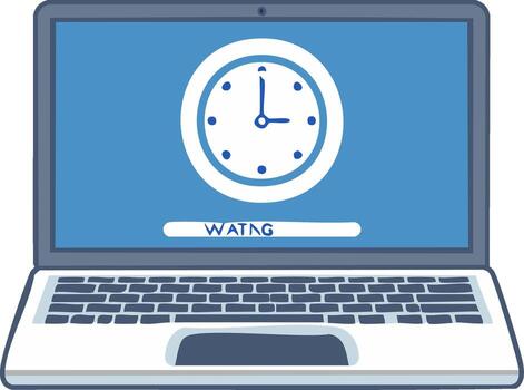 Laptop with clock on screen displaying waiting message. Digital concept vector