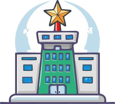 estilizado multi historia edificio con un grande estrella en parte superior y resumen azul formas detrás vector