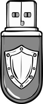 Cartoon illustration of a USB flash drive with a shield symbol, representing digital data security vector