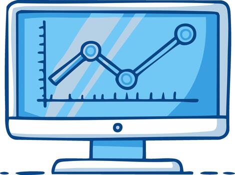 Doodle style computer monitor displaying a growing line graph with blue accents vector