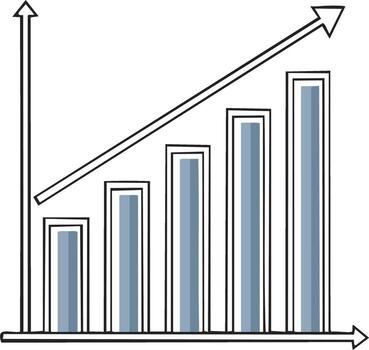 Bar graph illustrating upward trend with arrow showing growth and progress vector