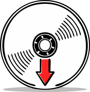 Conceptual illustration of a data storage disk with a bold red arrow for digital download vector