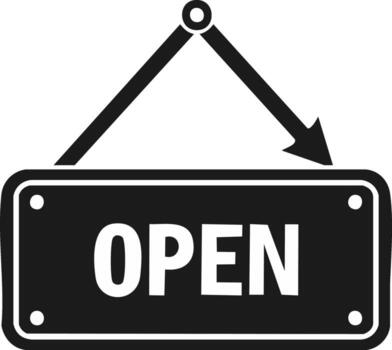 Black hanging Open sign with white text and an arrow pointing down vector