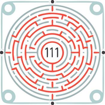 Circular maze with number 111 in the center and red pathways vector