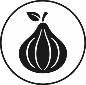 Stylized black fig icon with a leaf and stem within a circular outline vector