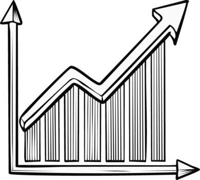 Hand drawn business chart showing an upward trend of growth progress and success with rising arrow and bar graph data vector