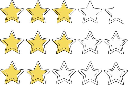 Hand drawn rating stars progression showing incomplete and complete yellow stars in rows vector