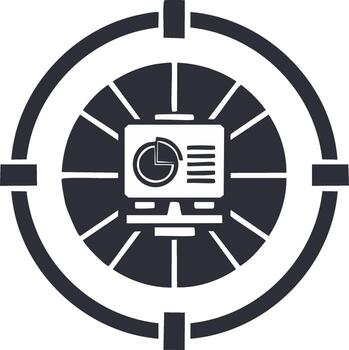 Business data on a computer screen in a radar circle shows the company is focused on tracking trends and success vector