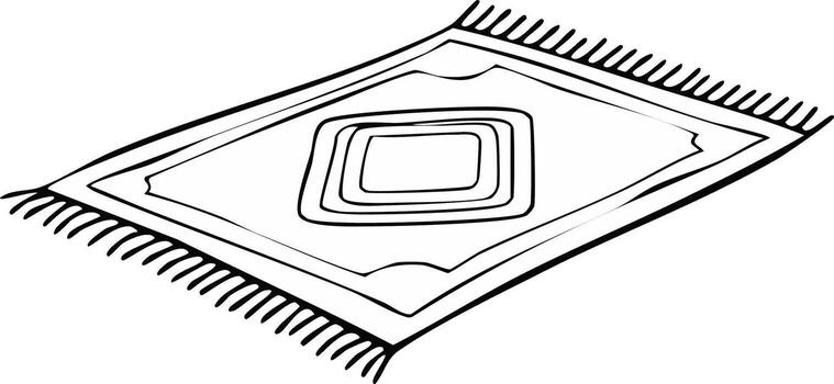 Minimalist line art drawing of a rectangular floor rug featuring abstract geometric pattern and fringes vector
