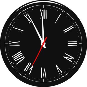 Close up of a black clock face with white Roman numerals and a red second hand ticking towards twelve vector