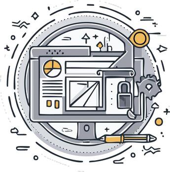 resumen computadora pantalla con datos, seguridad cerrar con llave, y ajustes ilustración diseño concepto vector