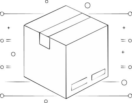 Isometric view of a cardboard box with abstract surrounding shapes and lines vector