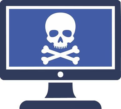 Malware warning on computer monitor screen, depicting a white skull and crossbones symbol vector