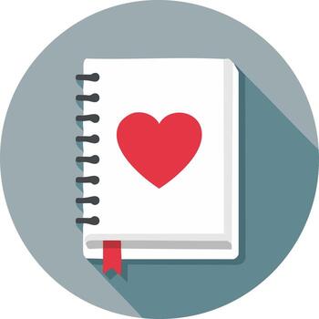Notebook icon with a red heart symbol and a bookmark inside a blue circle vector