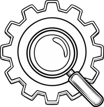 Magnifying glass over gear illustration exploring mechanical engineering and system analysis vector