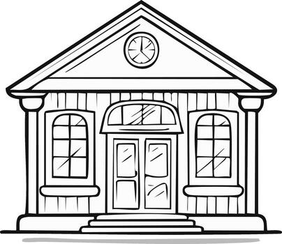 Drawn Classical Style Building with Columns Clock and Windows Line Art Illustration vector