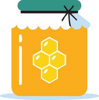 Golden honey jar illustration with a honeycomb pattern and green lid in a simple flat design vector