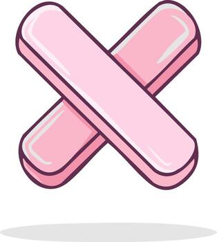 Cartoon illustration of a pink cross shape with a shadow, representing a negative symbol, icon or button vector