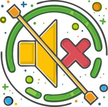 Icon of muted sound with a red cancel symbol, decorative elements in a flat design vector