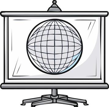 Presentation screen showing a wireframe globe projection illustrating global connectivity and business vector