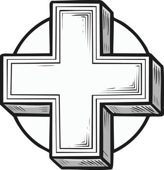 Sketched three dimensional plus sign icon within a circular outline vector